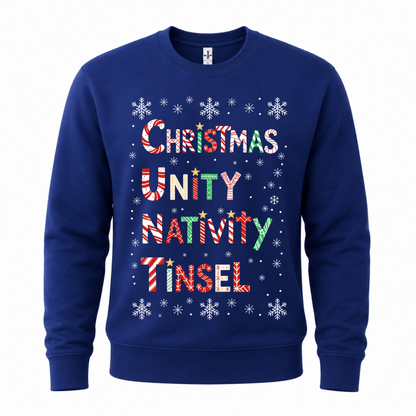 Julesweater med rund hals, lange ærmer og tekstprint med snefnug