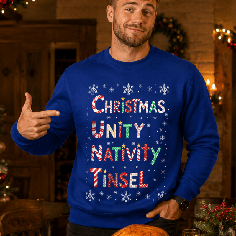Julesweater med rund hals, lange ærmer og tekstprint med snefnug