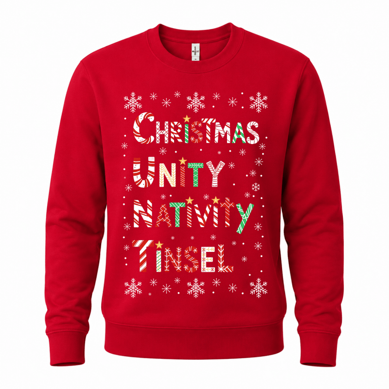 Julesweater med rund hals, lange ærmer og tekstprint med snefnug