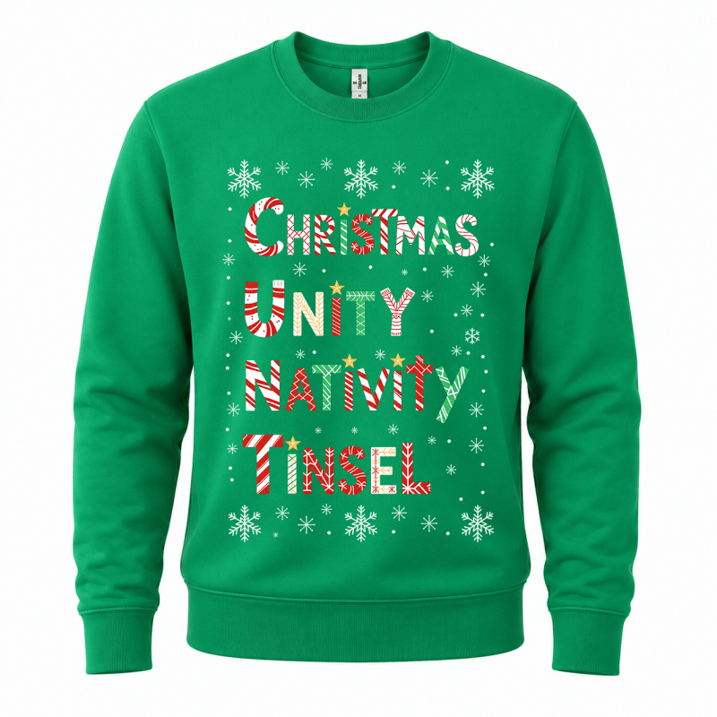 Julesweater med rund hals, lange ærmer og tekstprint med snefnug