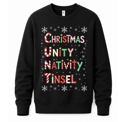 Julesweater med rund hals, lange ærmer og tekstprint med snefnug