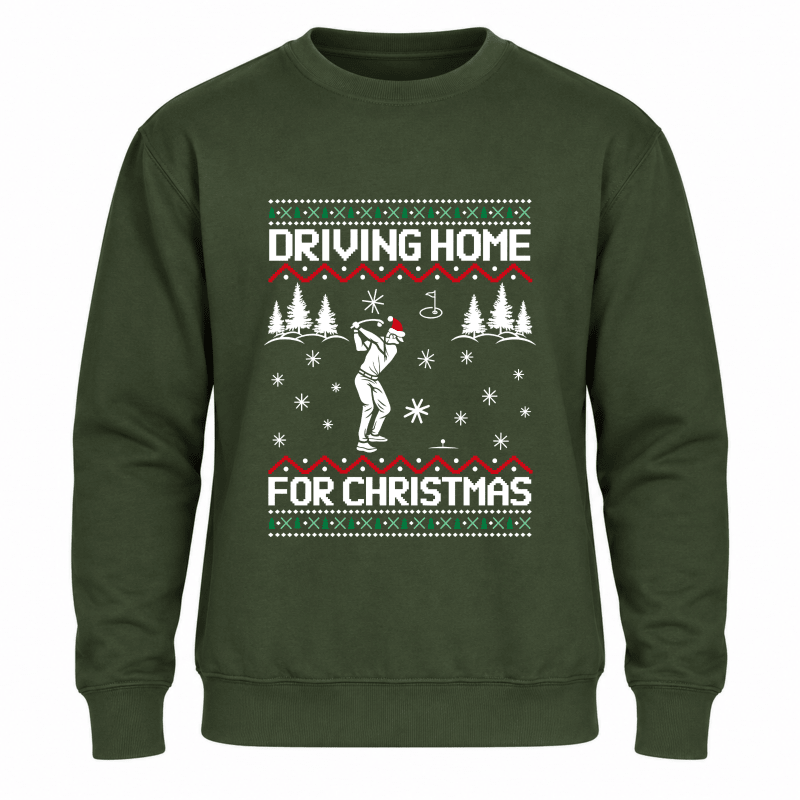 Julesweater dame med rund hals og golfmotiv, Driving home for Christmas