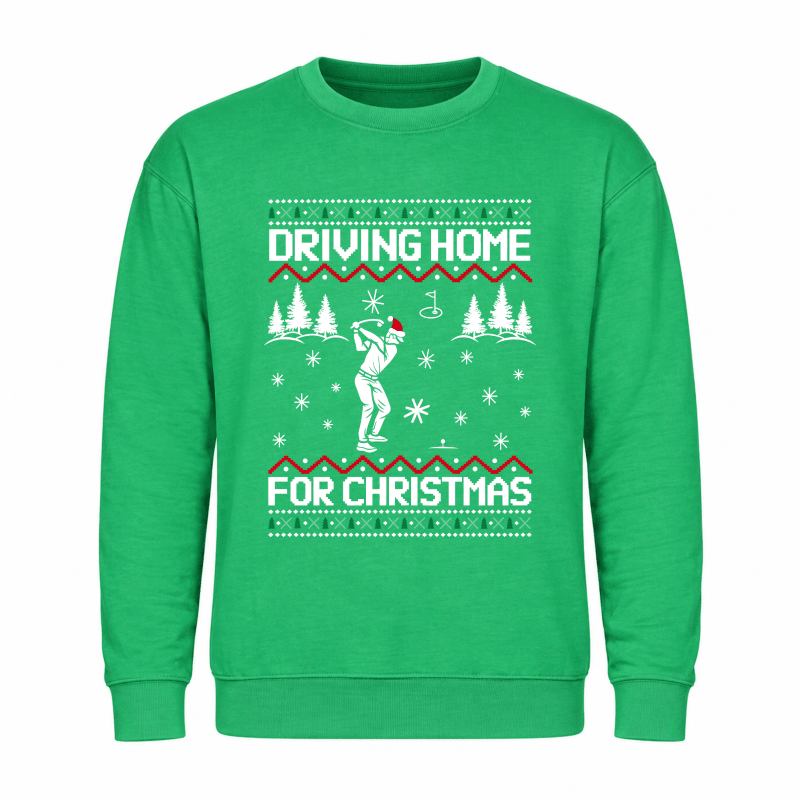 Julesweater dame med rund hals og golfmotiv, Driving home for Christmas