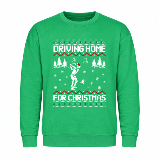 Julesweater dame med rund hals og golfmotiv, Driving home for Christmas