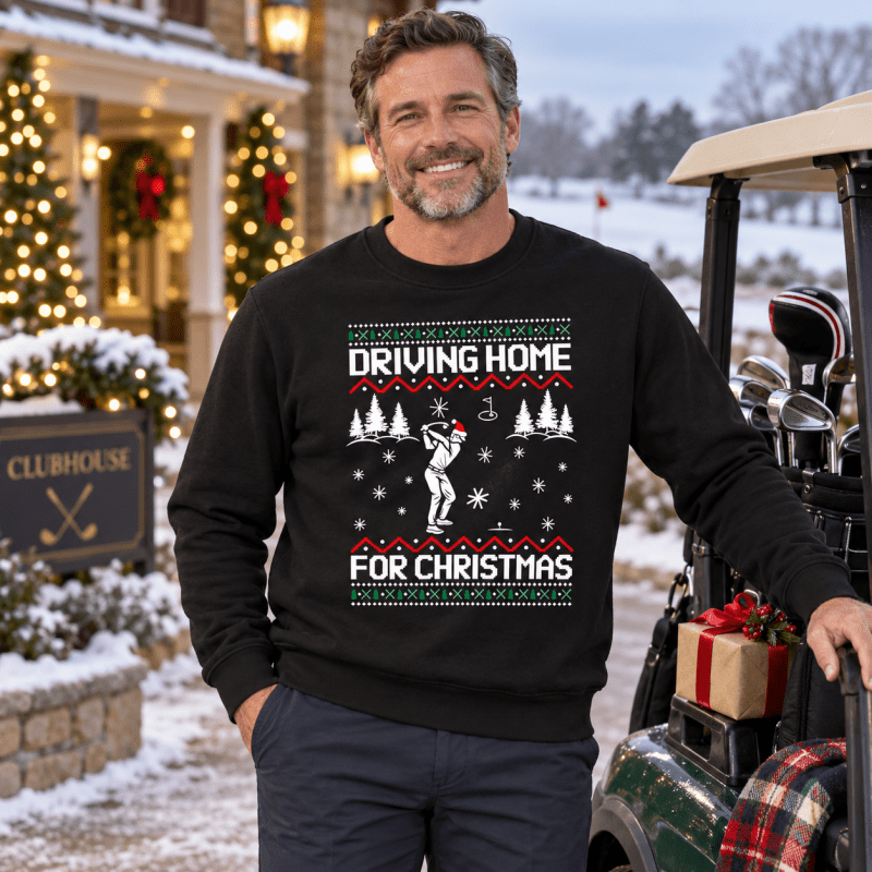 Julesweater dame med rund hals og golfmotiv, Driving home for Christmas