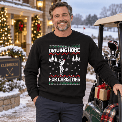 Julesweater dame med rund hals og golfmotiv, Driving home for Christmas