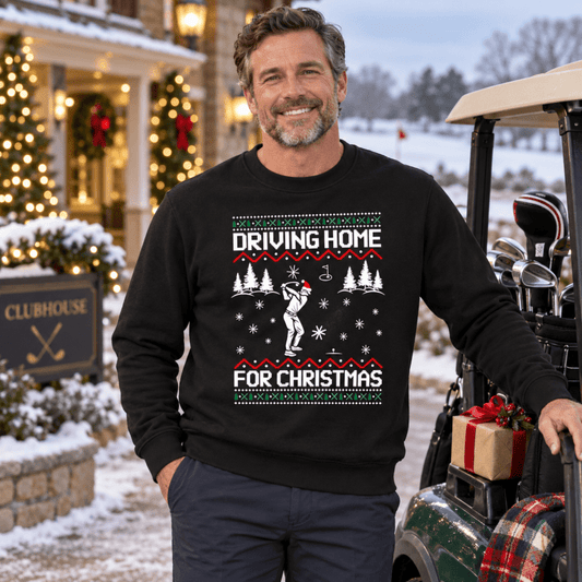 Julesweater dame med rund hals og golfmotiv, Driving home for Christmas