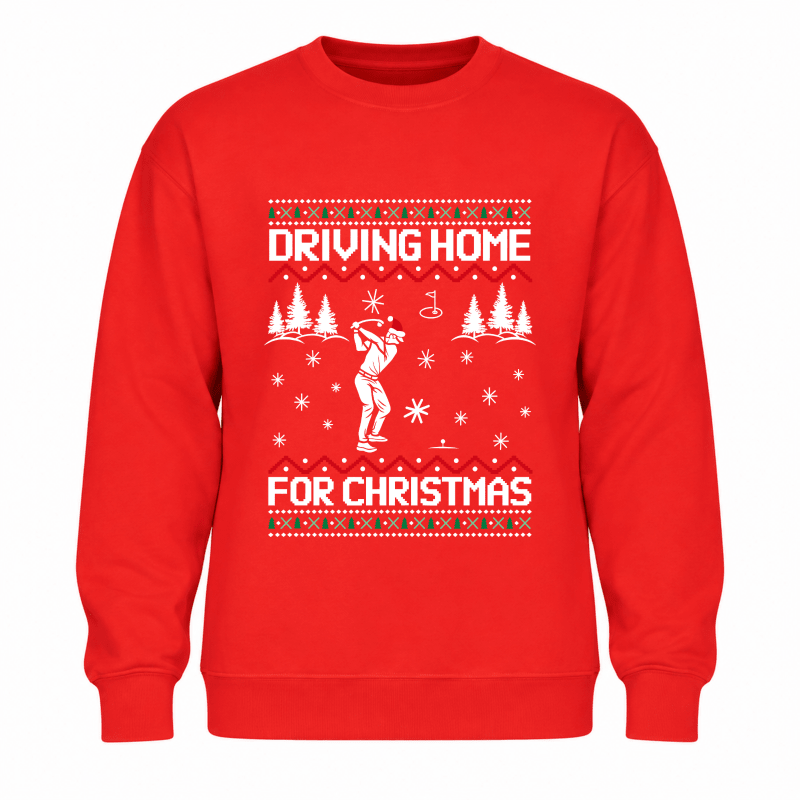 Julesweater dame med rund hals og golfmotiv, Driving home for Christmas