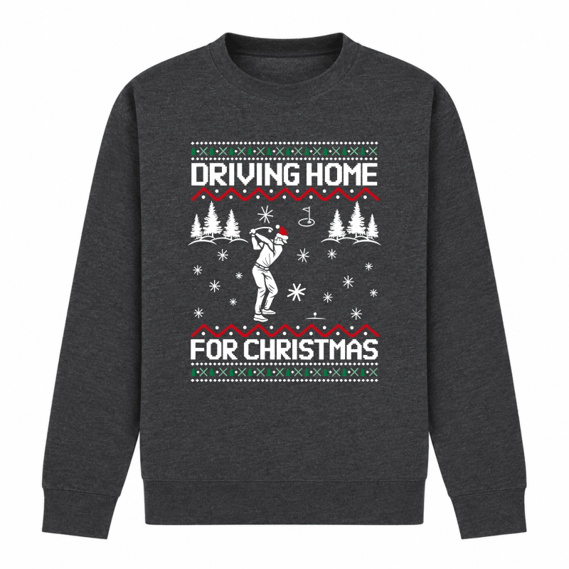 Julesweater dame med rund hals og golfmotiv, Driving home for Christmas