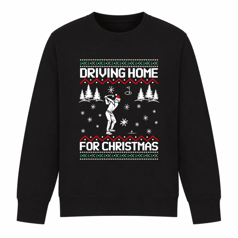 Julesweater dame med rund hals og golfmotiv, Driving home for Christmas