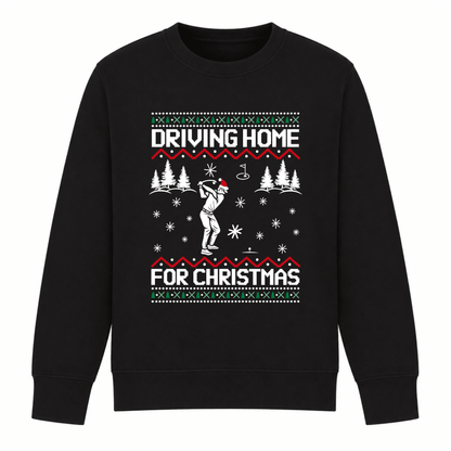 Julesweater dame med rund hals og golfmotiv, Driving home for Christmas