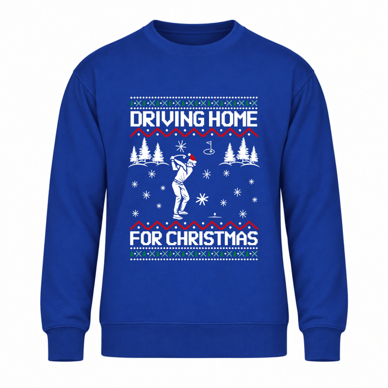 Julesweater dame med rund hals og golfmotiv, Driving home for Christmas