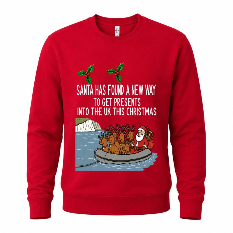 Julesweater med rund hals og tryk af julemand og rensdyr i gummibåd