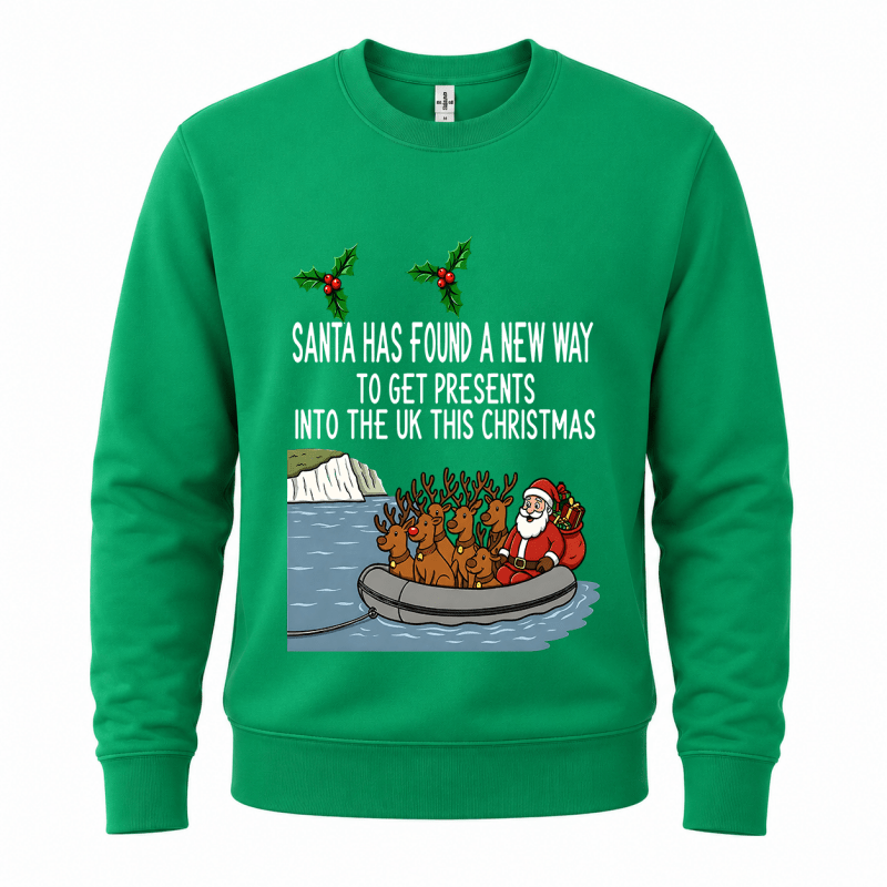 Julesweater med rund hals og tryk af julemand og rensdyr i gummibåd