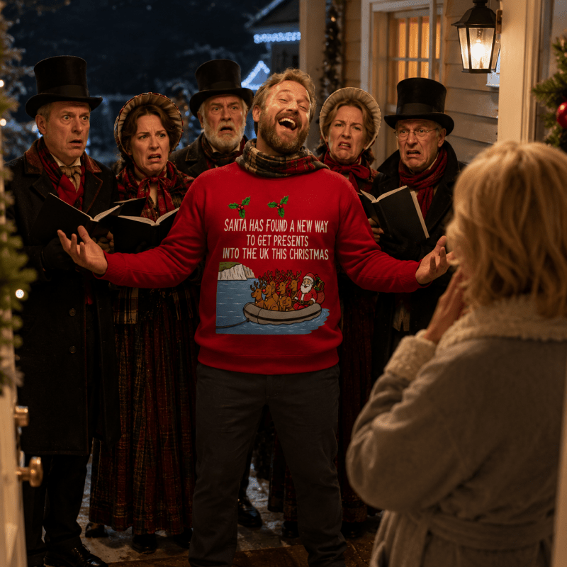 Julesweater med rund hals og tryk af julemand og rensdyr i gummibåd