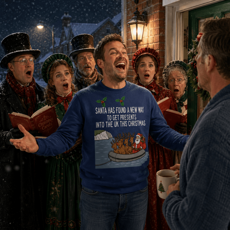 Julesweater med rund hals og tryk af julemand og rensdyr i gummibåd