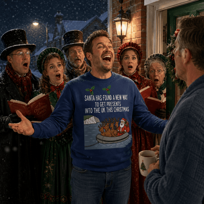 Julesweater med rund hals og tryk af julemand og rensdyr i gummibåd