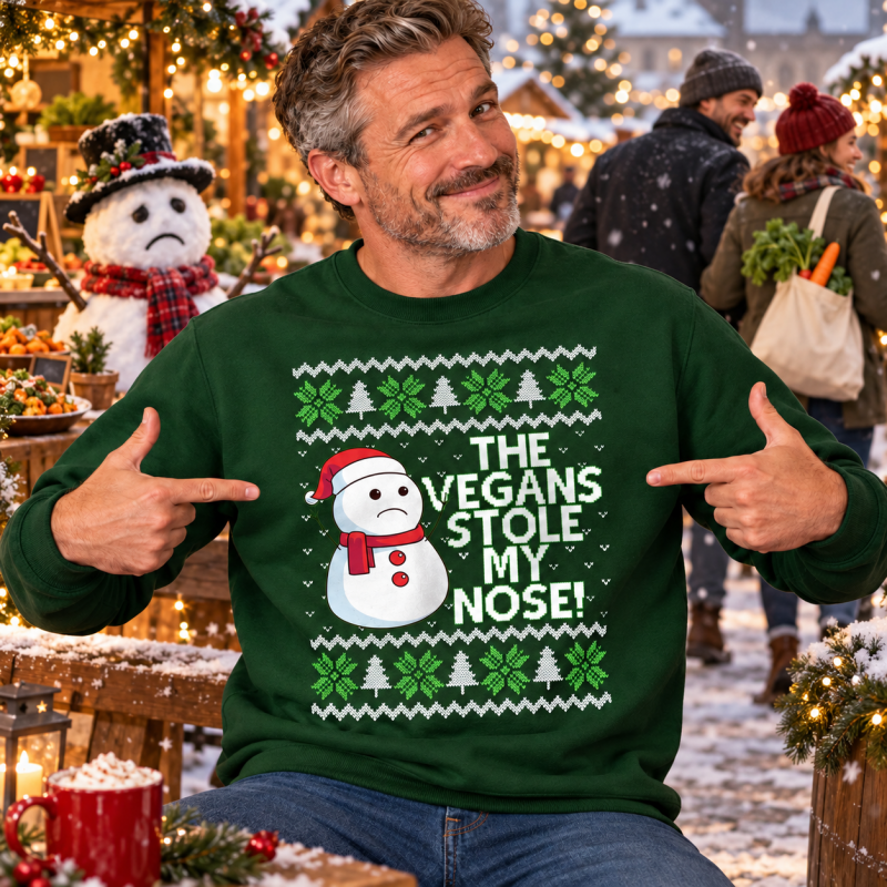 Julesweater dame med rund hals, snemandsmotiv og tekst
