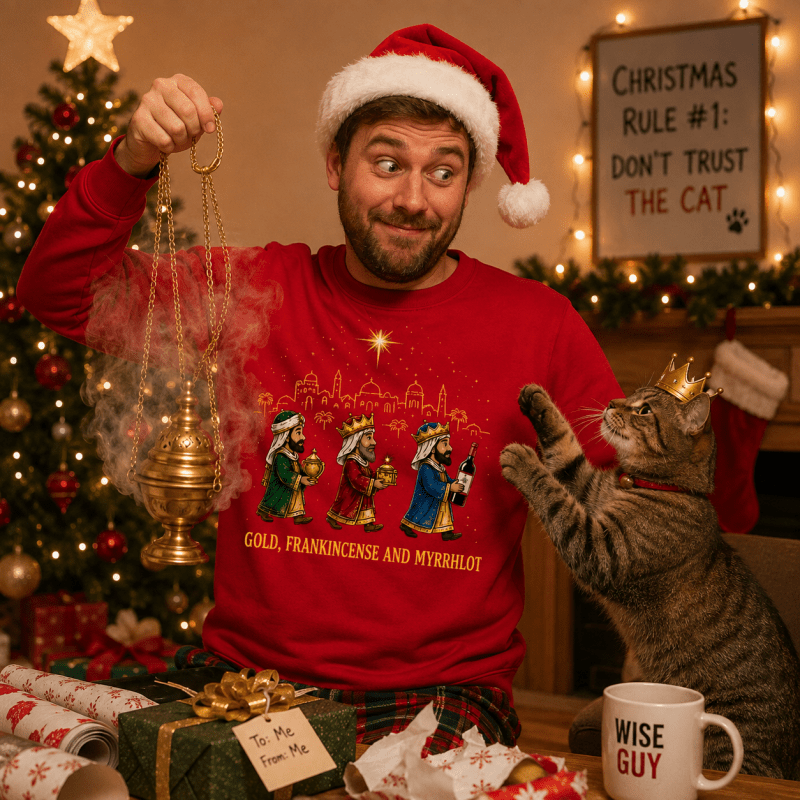 Julesweater med rund hals og motiv af de tre vise mænd