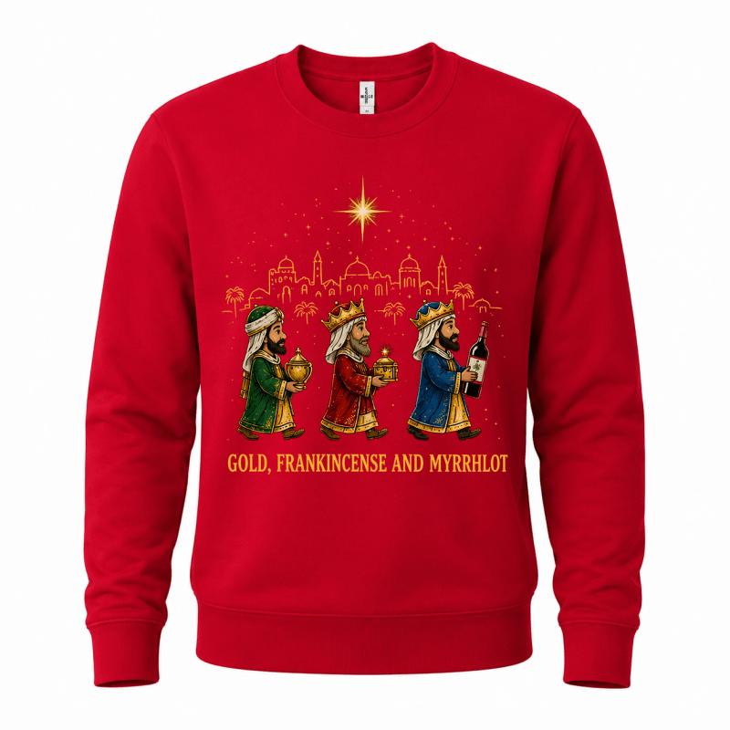 Julesweater med rund hals og motiv af de tre vise mænd