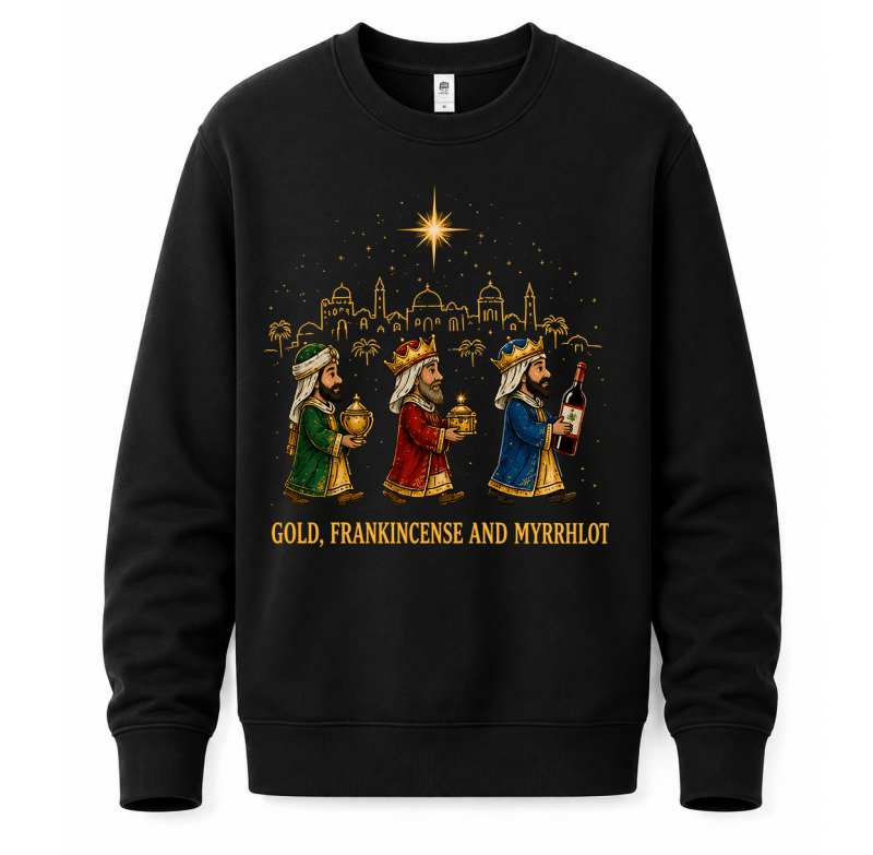 Julesweater med rund hals og motiv af de tre vise mænd