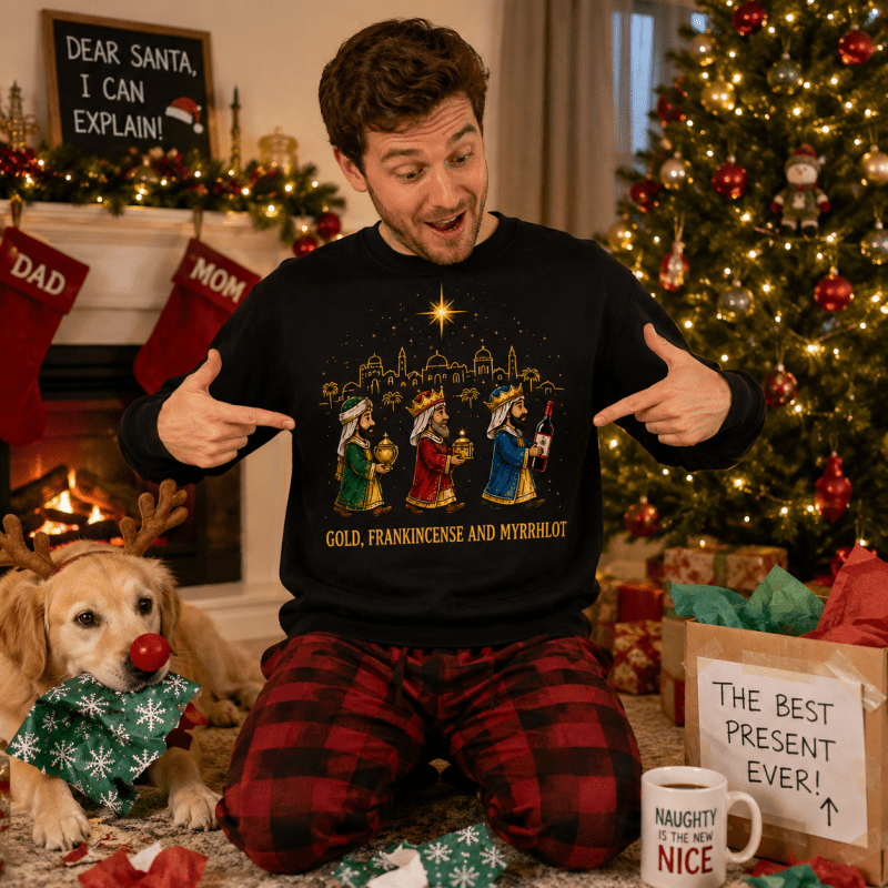 Julesweater med rund hals og motiv af de tre vise mænd