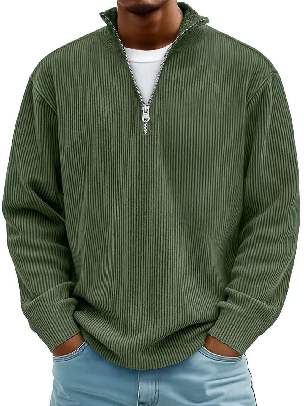 Ribbet sweater med halv lynlås og høj krave til mænd