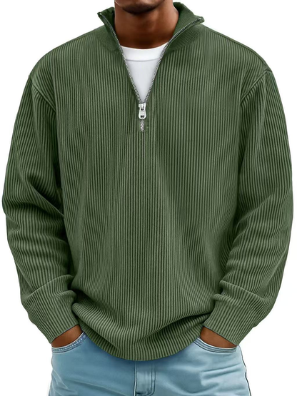 Ribbet sweater med halv lynlås og høj krave til mænd
