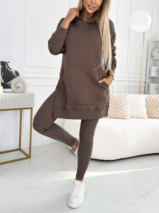 Hoodie med kængurulomme og leggings, todelt sæt til damer