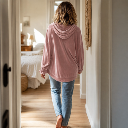 Hoodie i velour med flæsemanchetter og drop shoulder til damer