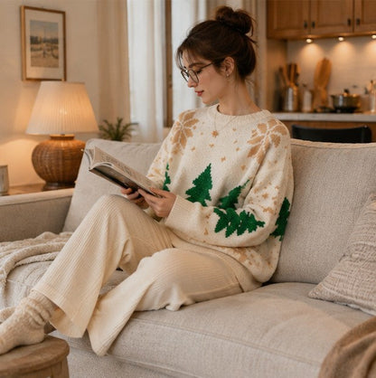Julesweater dame med rund hals, snefnug og juletræsmotiv