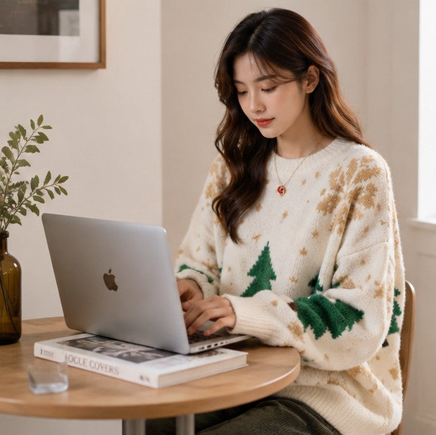 Julesweater dame med rund hals, snefnug og juletræsmotiv