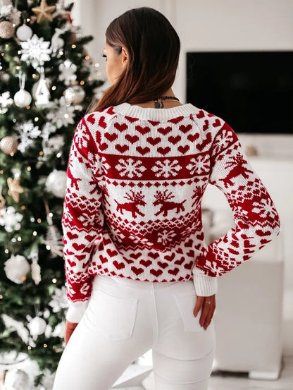 Julesweater dame med rund hals og rensdyrmønster, langærmet strik