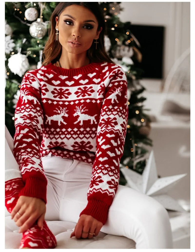 Julesweater dame med rund hals og rensdyrmønster, langærmet strik