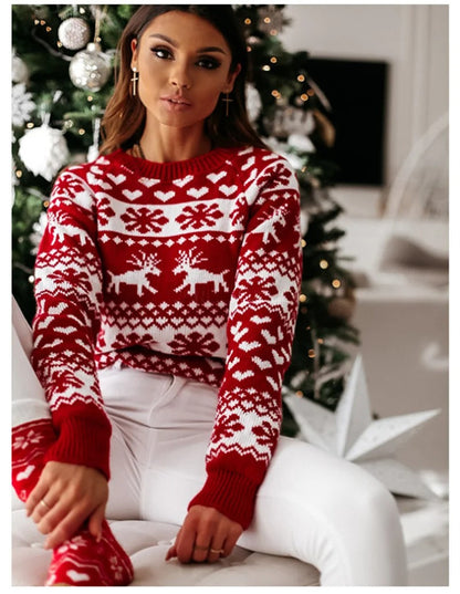 Julesweater dame med rund hals og rensdyrmønster, langærmet strik