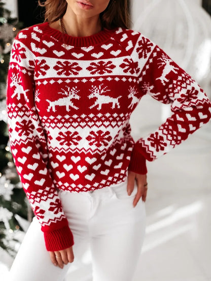 Julesweater dame med rund hals og rensdyrmønster, langærmet strik