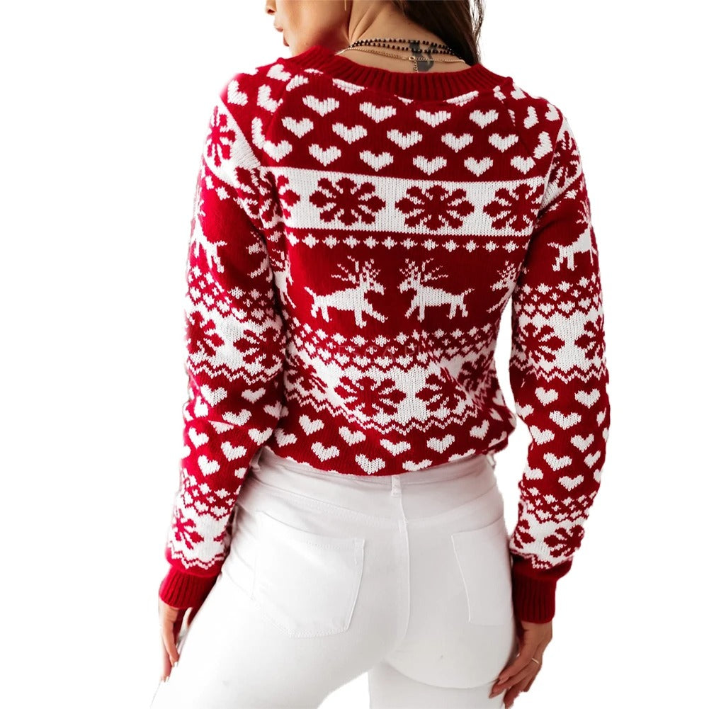 Julesweater dame med rund hals og rensdyrmønster, langærmet strik