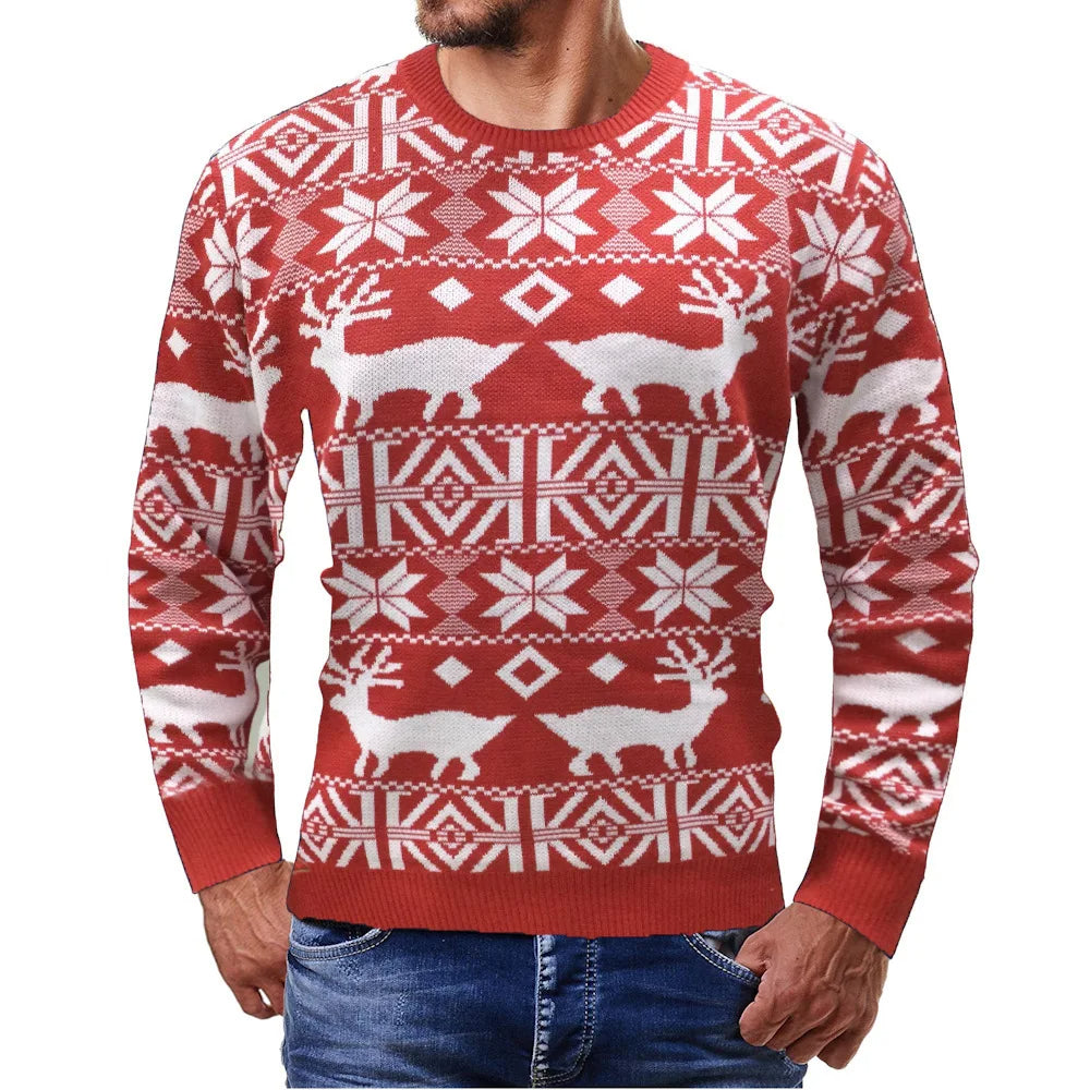 Julesweater med rund hals, rensdyr og snefnug i jacquardmønster til mænd
