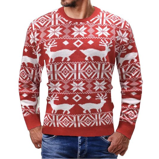 Julesweater med rund hals, rensdyr og snefnug i jacquardmønster til mænd