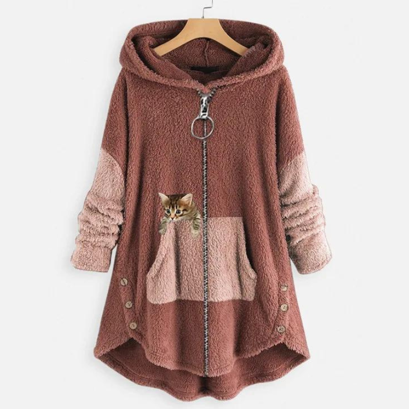 Hoodie med kængurulomme og knapper i lang model til damer
