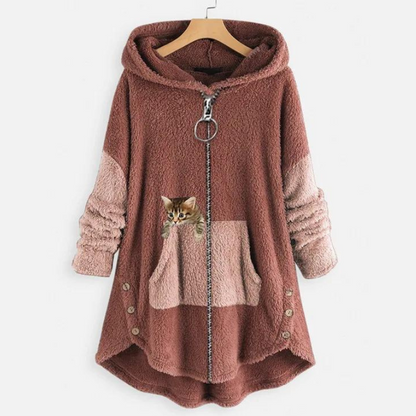 Hoodie med kængurulomme og knapper i lang model til damer