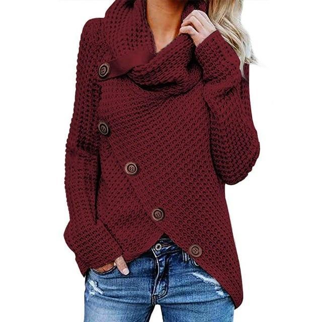 Sweater med rullekrave og skrå knaplukning til damer