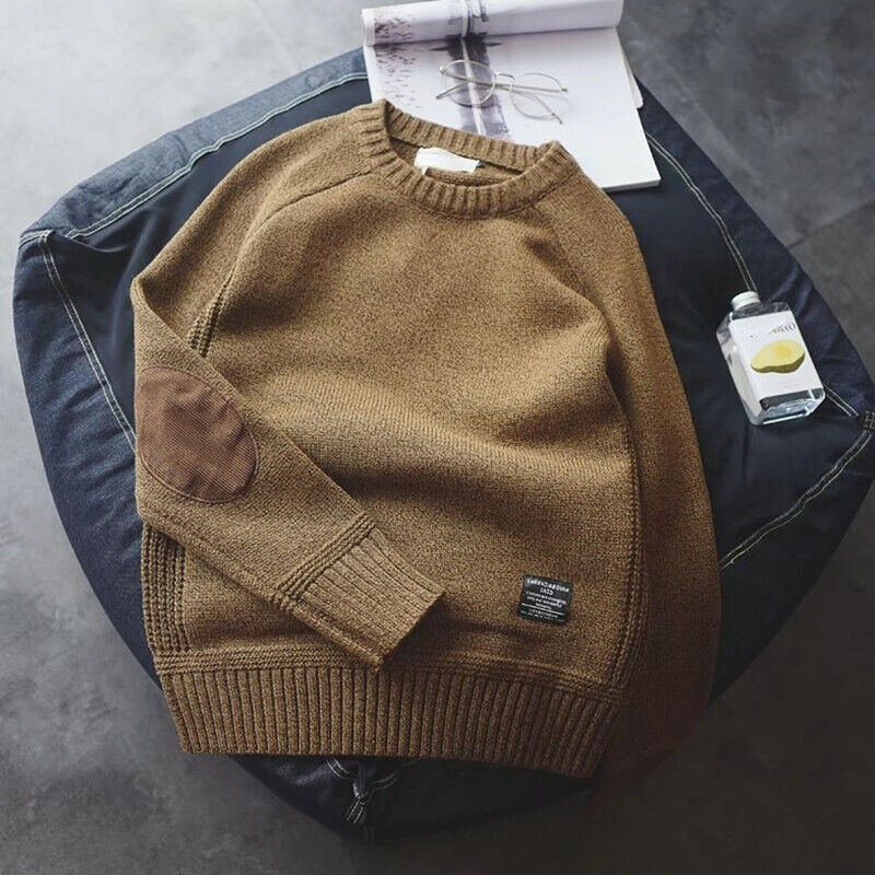 Sweater med rund hals, ribkanter og albuepatches til mænd