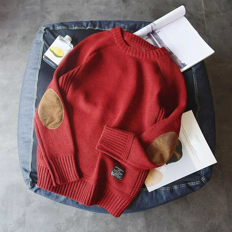 Sweater med rund hals, ribkanter og albuepatches til mænd