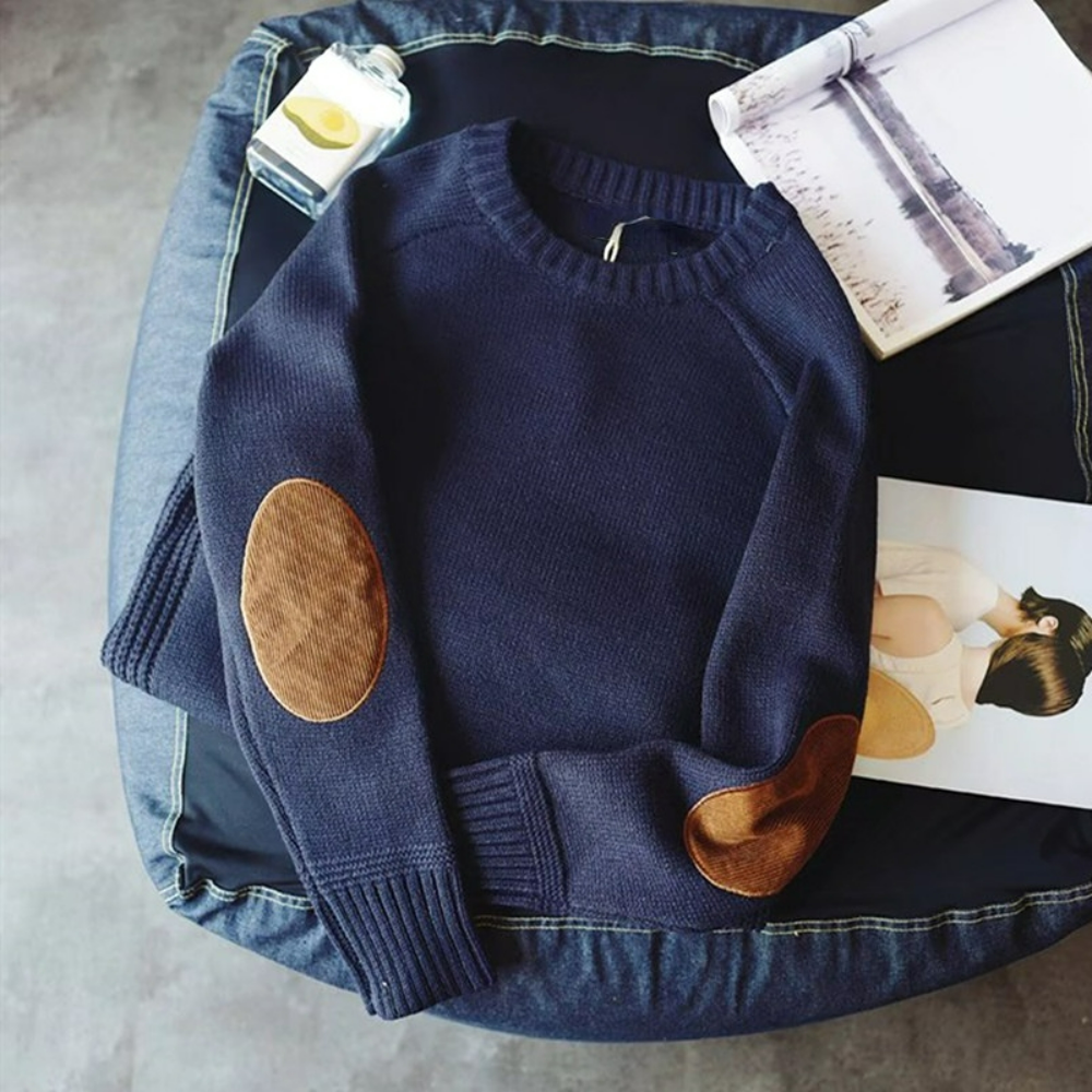 Sweater med rund hals, ribkanter og albuepatches til mænd