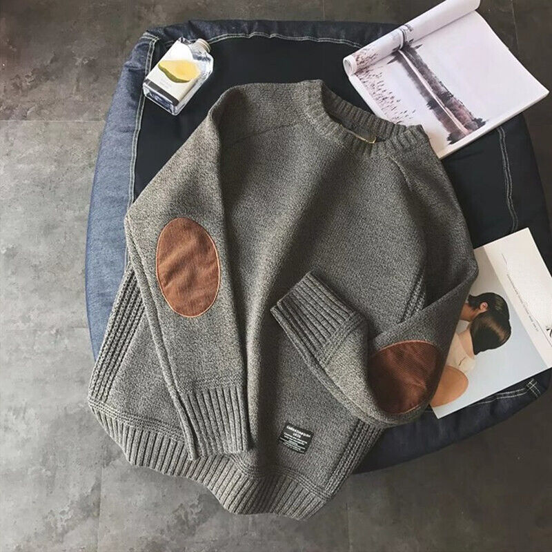 Sweater med rund hals, ribkanter og albuepatches til mænd