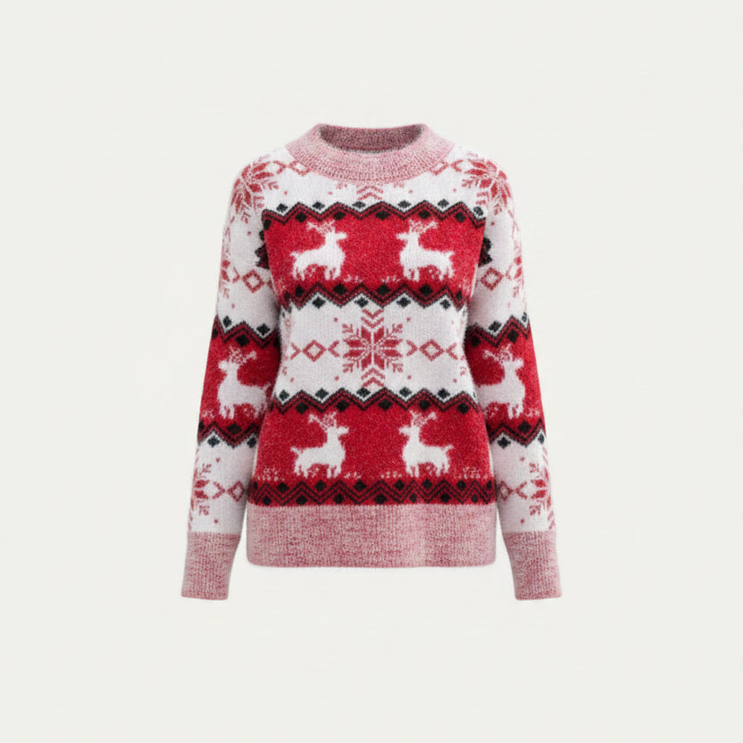 Julesweater dame med rensdyr og rund hals i norsk mønster