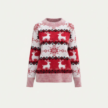Julesweater dame med rensdyr og rund hals i norsk mønster