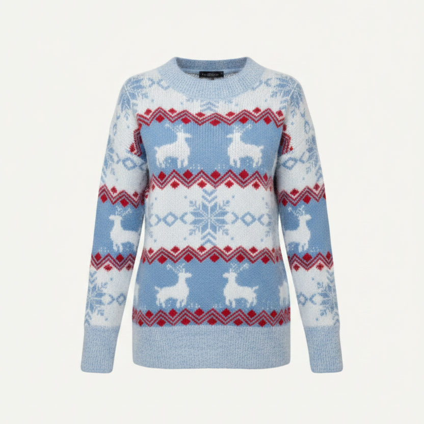 Julesweater dame med rensdyr og rund hals i norsk mønster