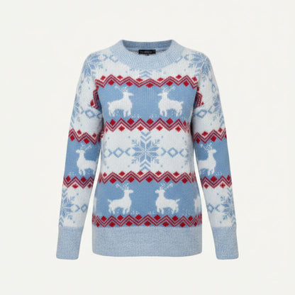 Julesweater dame med rensdyr og rund hals i norsk mønster